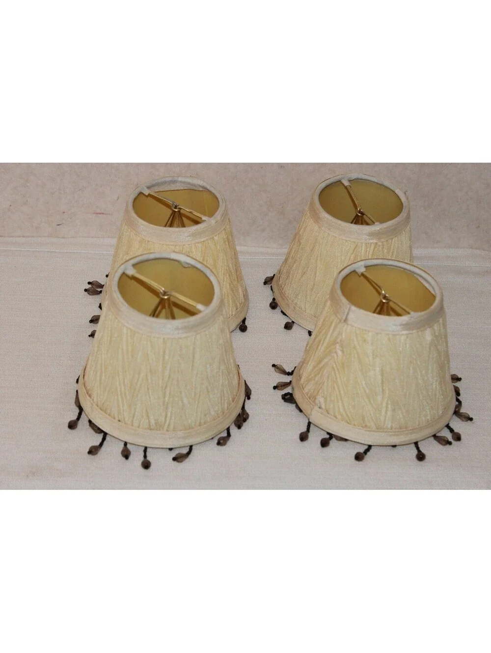 Vintage Clip-On Chandelier Lamp Shades Cream Pleated Beaded Fringe Set of 4